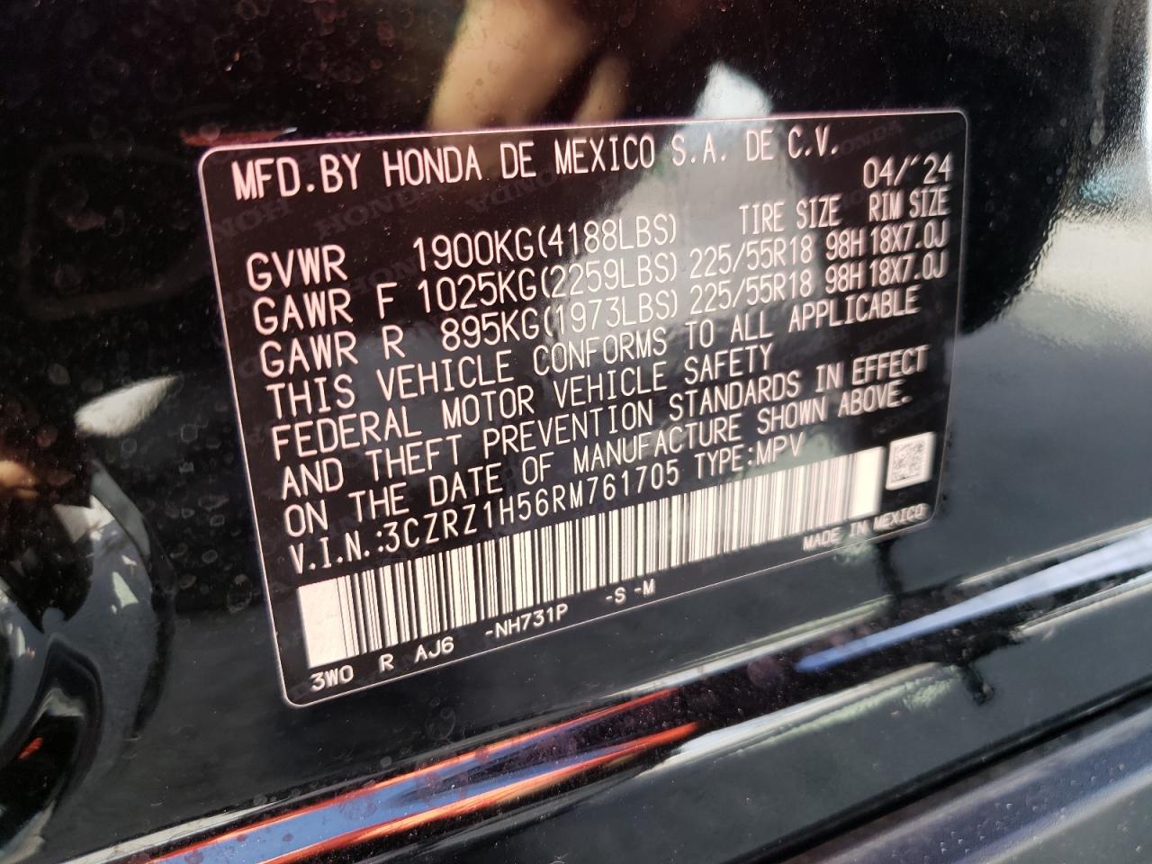 2024 HONDA HR-V SPORT VIN:3CZRZ1H56RM761705