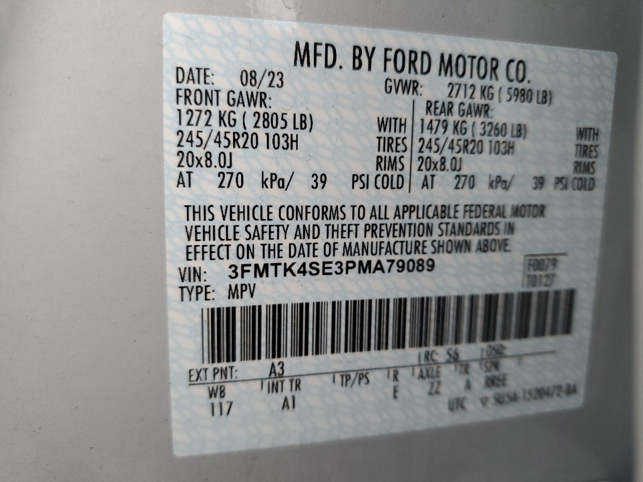 2023 FORD MUSTANG MACH-E GT VIN:3FMTK4SE3PMA79089