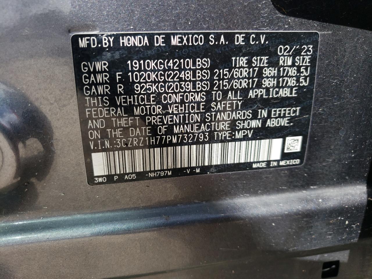 2023 HONDA HR-V EXL VIN:3CZRZ1H77PM732793