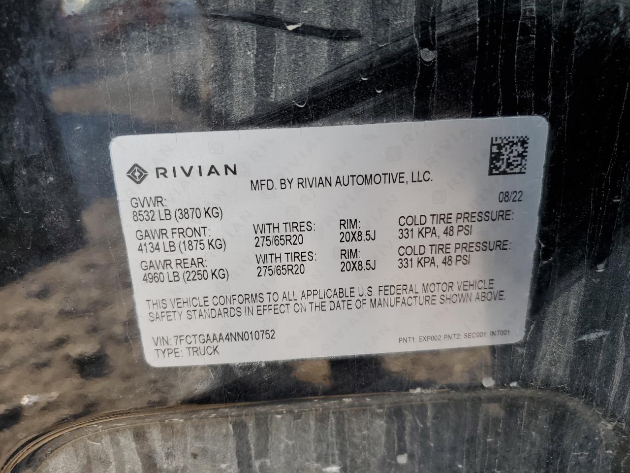 2022 RIVIAN R1T ADVENTURE VIN:7FCTGAAA4NN010752