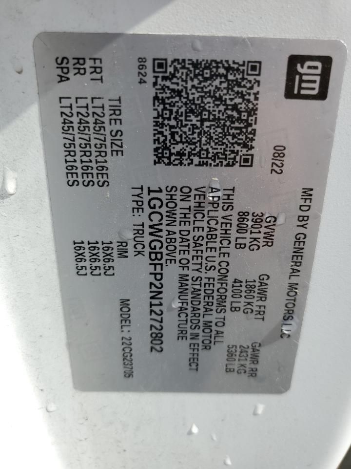 2022 CHEVROLET EXPRESS G2500 VIN:1GCWGBFP2N1272802