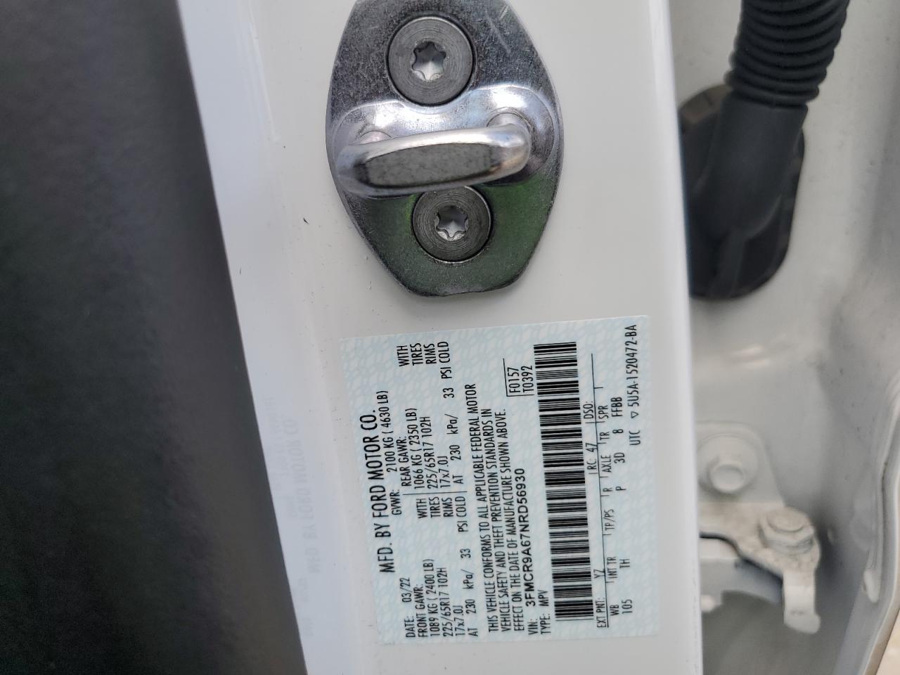 2022 FORD BRONCO SPORT VIN:3FMCR9A67NRD56930