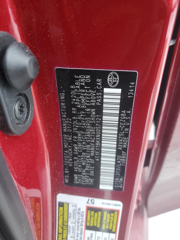 2022 TOYOTA CAMRY XLE VIN:4T1F11BKXNU057121