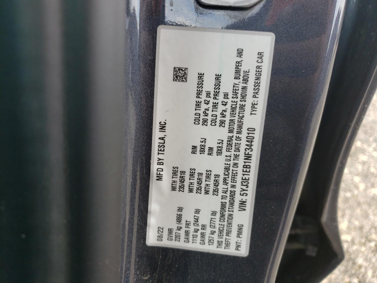 2022 TESLA MODEL 3 VIN:5YJ3E1EB1NF344010