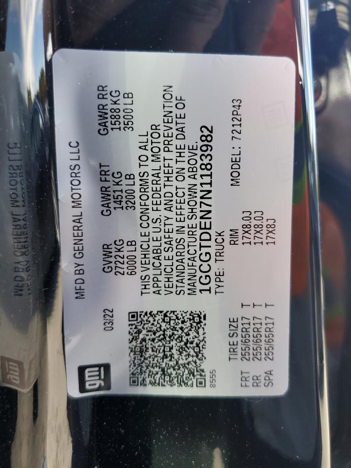 2022 CHEVROLET COLORADO Z71 VIN:1GCGTDEN7N1183982