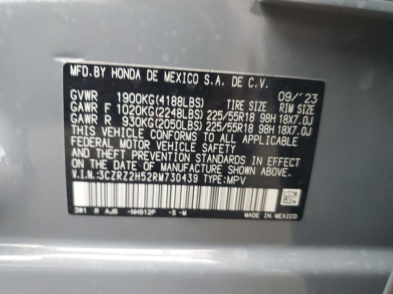 2024 HONDA HR-V SPORT VIN:3VW5T7AU6MM010040