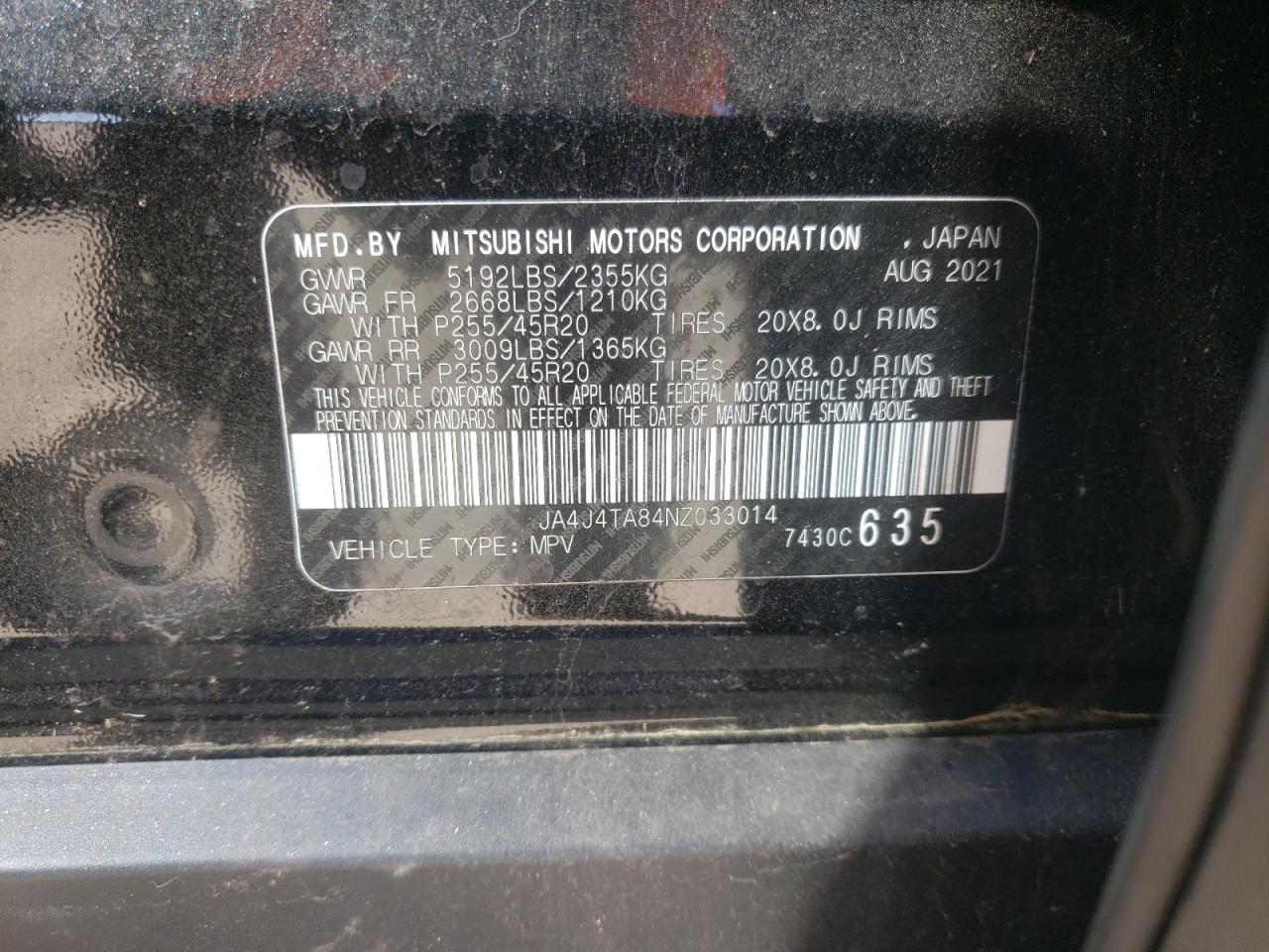 2022 MITSUBISHI OUTLANDER ES VIN:JA4J4TA84NZ033014