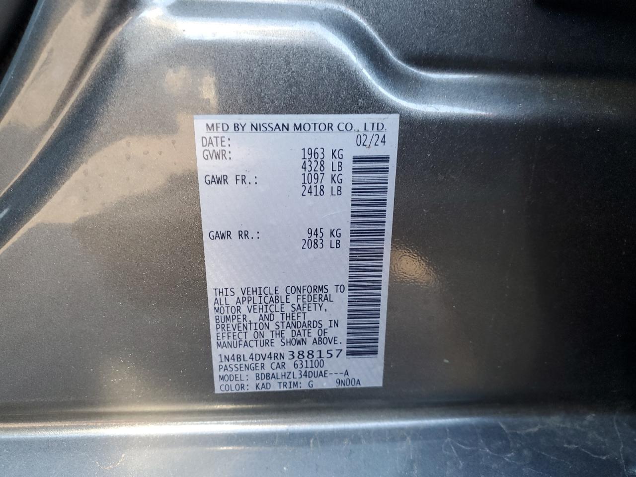 2024 NISSAN ALTIMA SV VIN:1N4BL4DV4RN388157