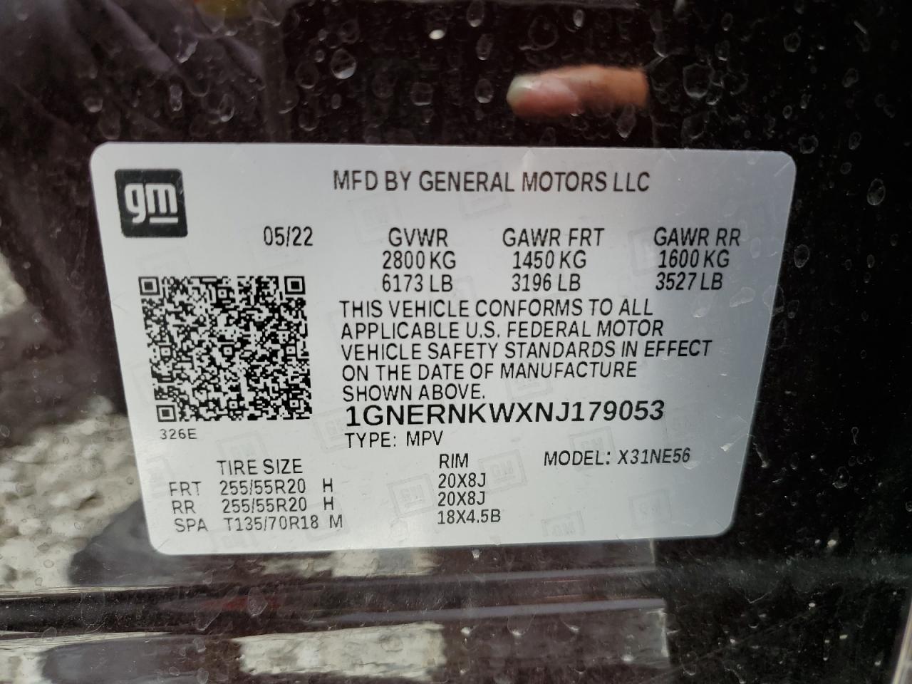 2022 CHEVROLET TRAVERSE HIGH COUNTRY VIN:1GNERNKWXNJ179053