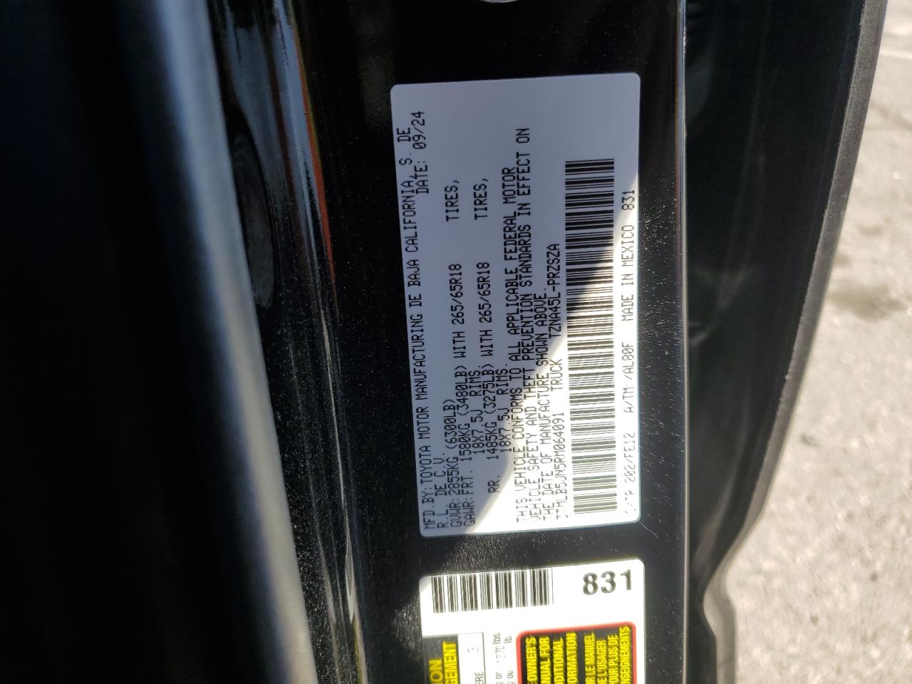 2024 TOYOTA TACOMA DOUBLE CAB VIN:1GKKVRKD8EJ365966