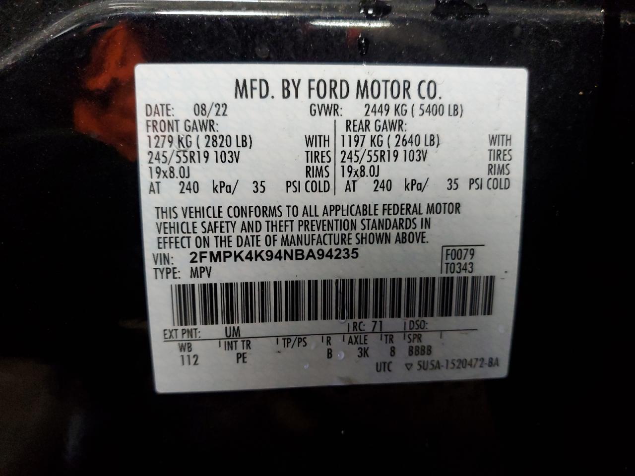 2022 FORD EDGE TITANIUM VIN:2FMPK4K94NBA94235