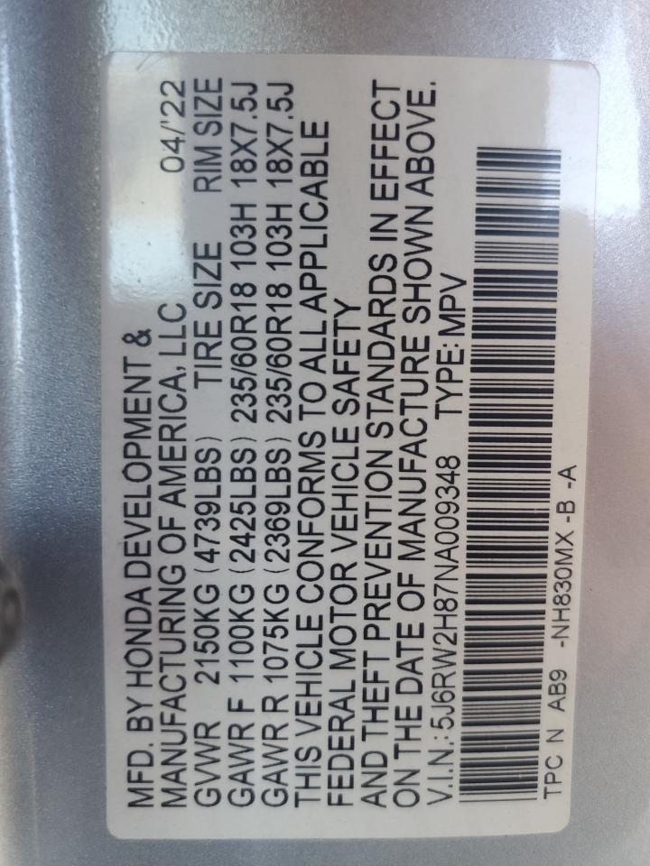 2022 HONDA CR-V EXL VIN:5J6RW2H87NA009348