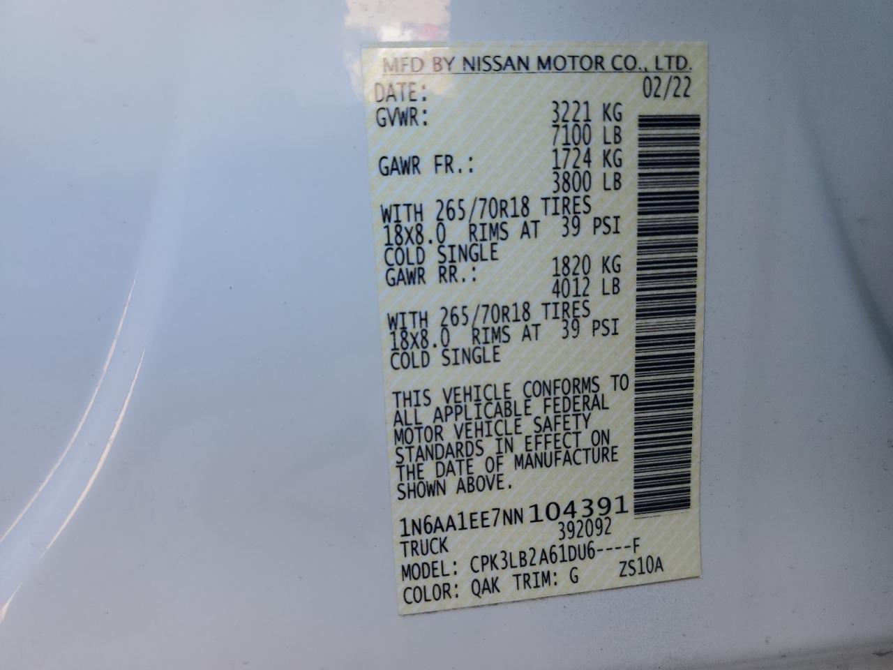 2022 NISSAN TITAN S VIN:1N6AA1EE7NN104391