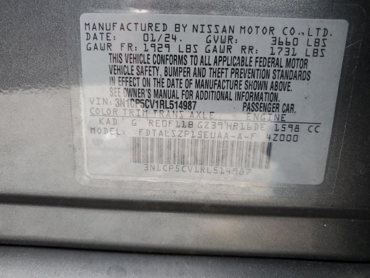 2024 NISSAN KICKS SV VIN:3N1CP5CV1RL514987