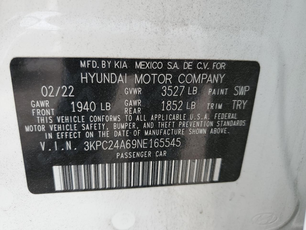 2022 HYUNDAI ACCENT SE VIN:3KPC24A69NE165545