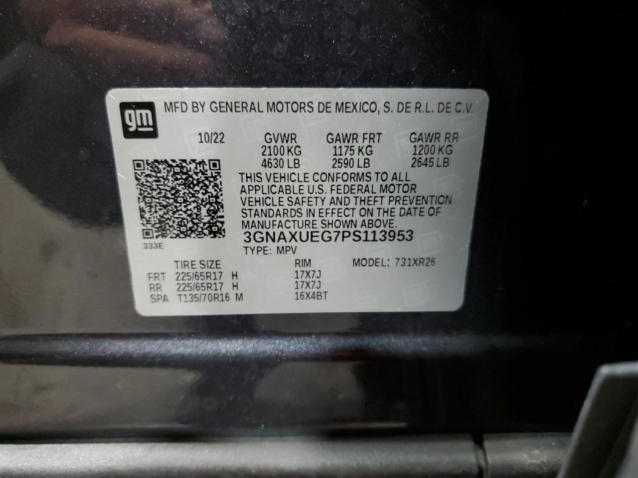 2023 CHEVROLET EQUINOX LT VIN:3GNAXUEG7PS113953