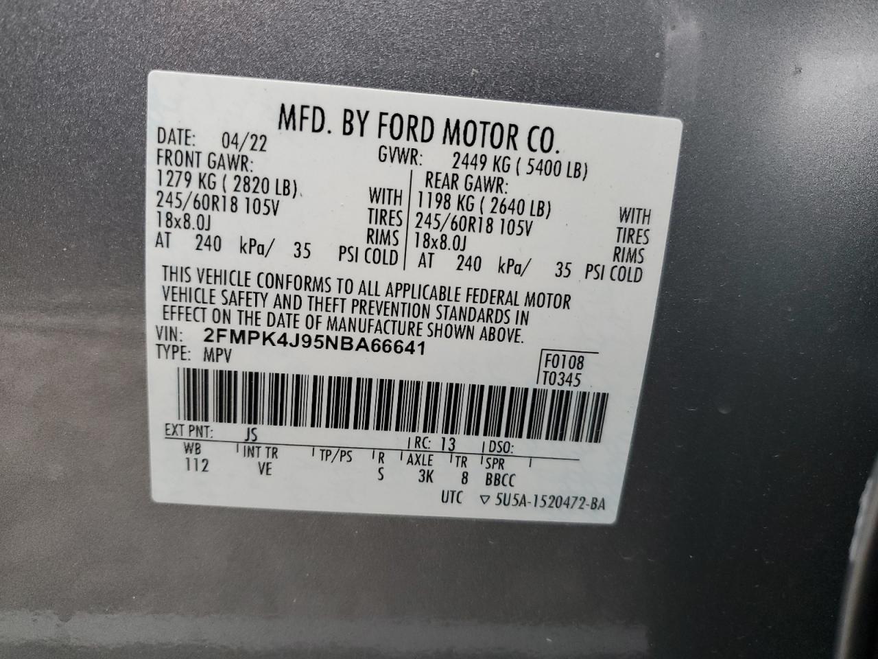 2022 FORD EDGE SEL VIN:2FMPK4J95NBA66641
