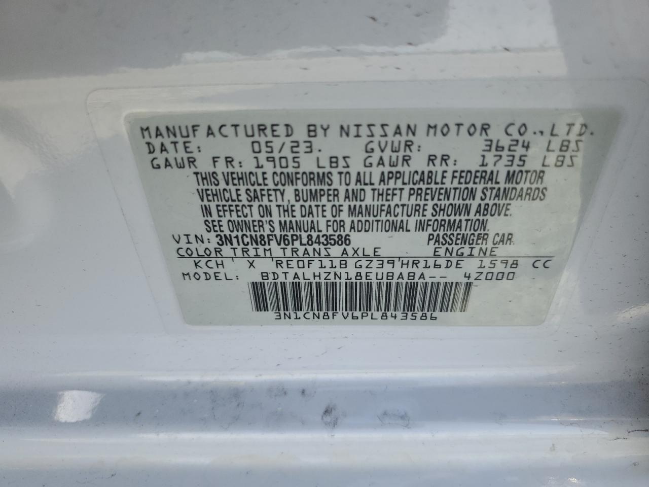 2023 NISSAN VERSA SR VIN:3N1CN8FV6PL843586