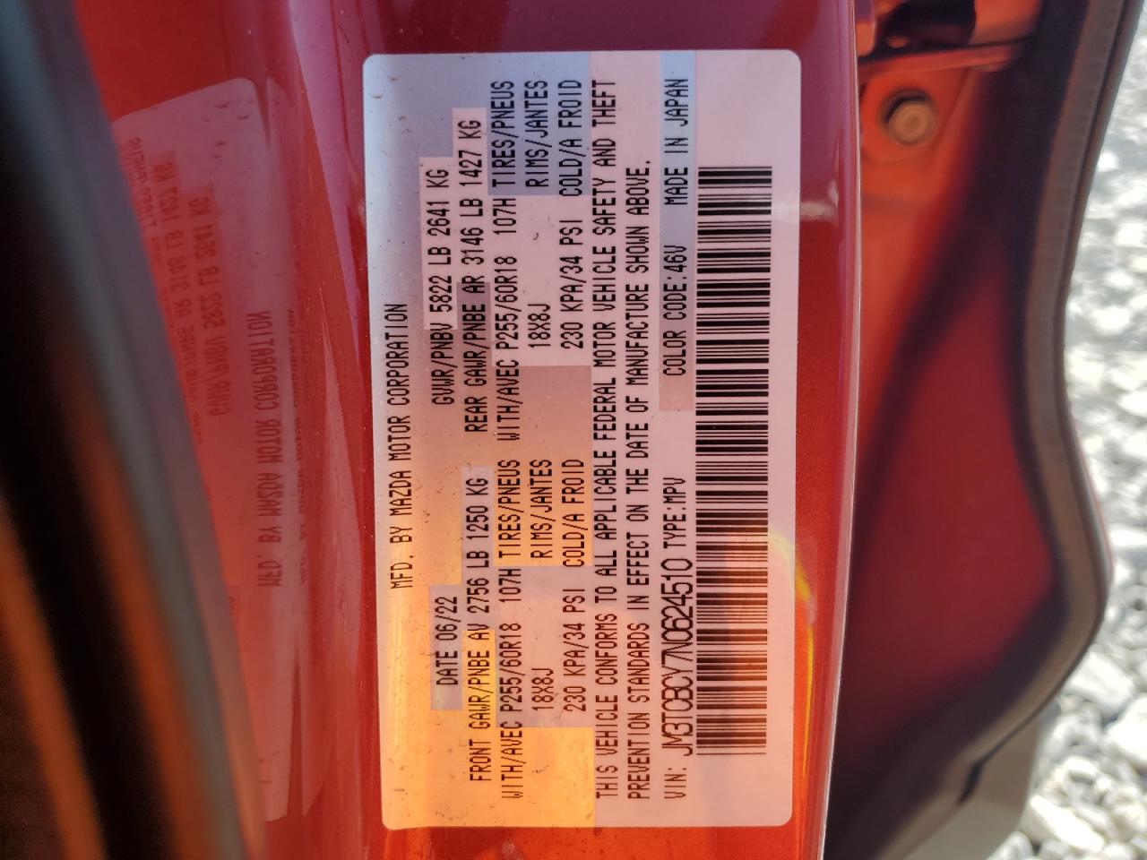 2022 MAZDA CX-9 TOURING VIN:JM3TCBCY7N0624510