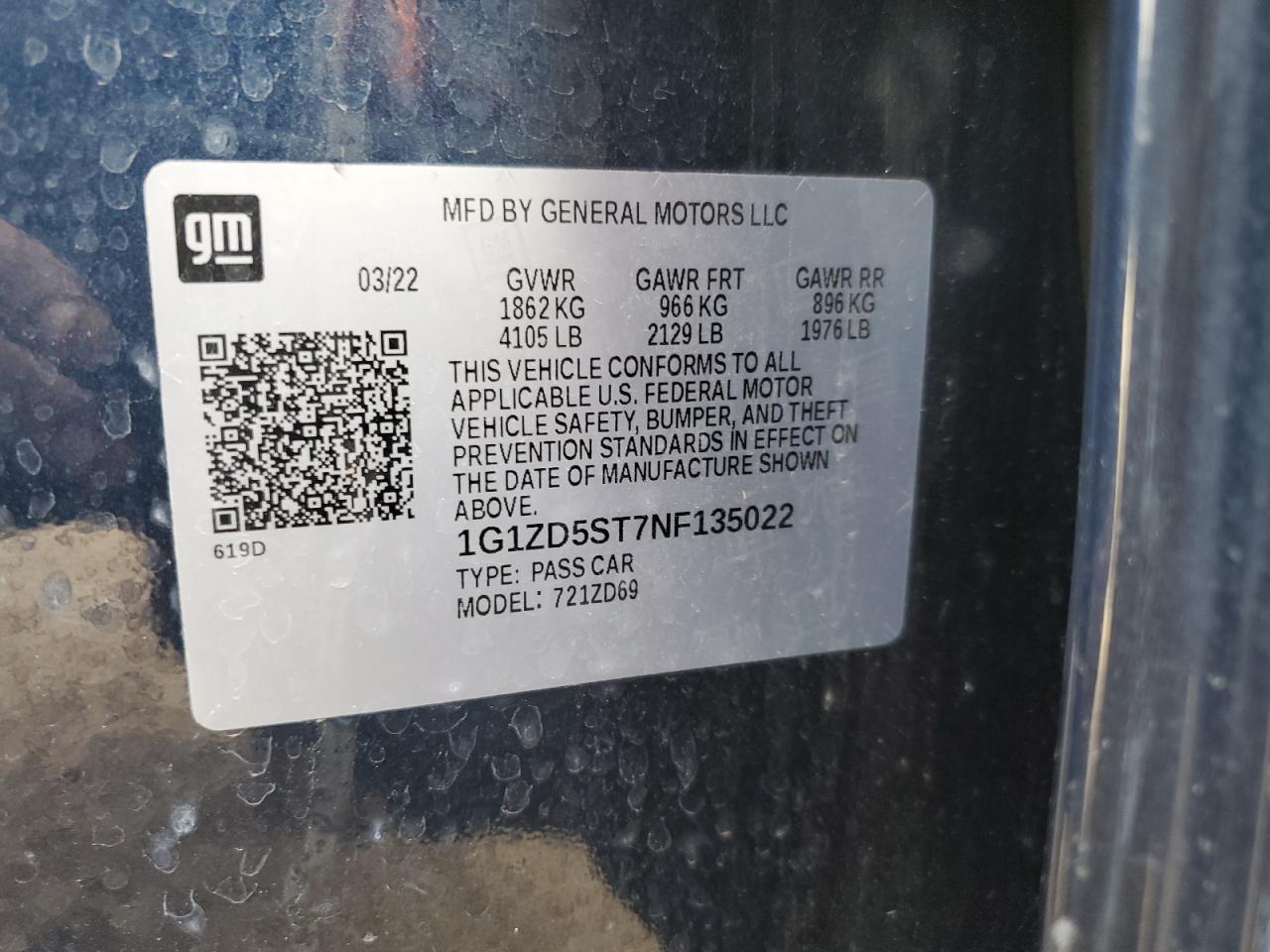 2022 CHEVROLET MALIBU LT VIN:1G1ZD5ST7NF135022