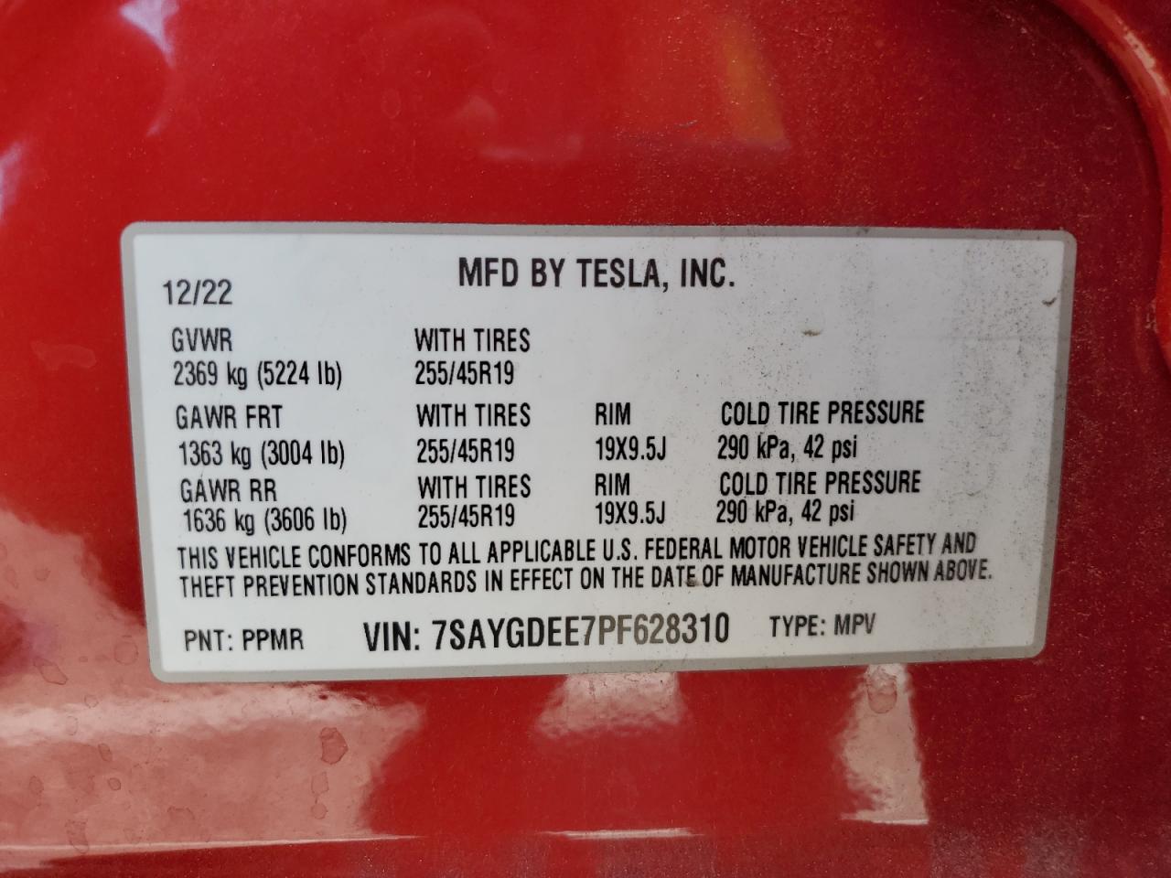 2023 TESLA MODEL Y VIN:7SAYGDEE7PF628310