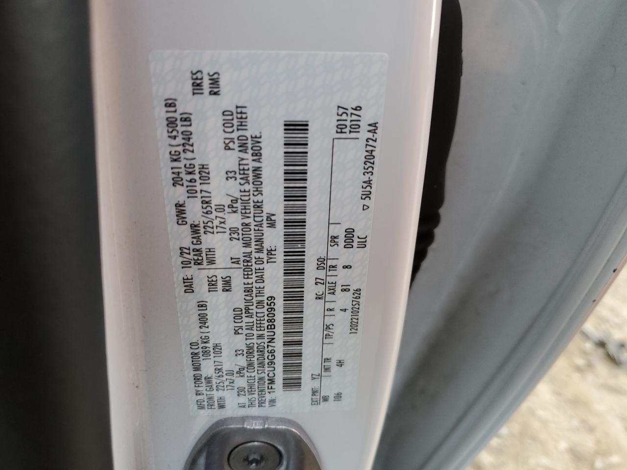 2022 FORD ESCAPE SE VIN:1FMCU9G67NUB80959