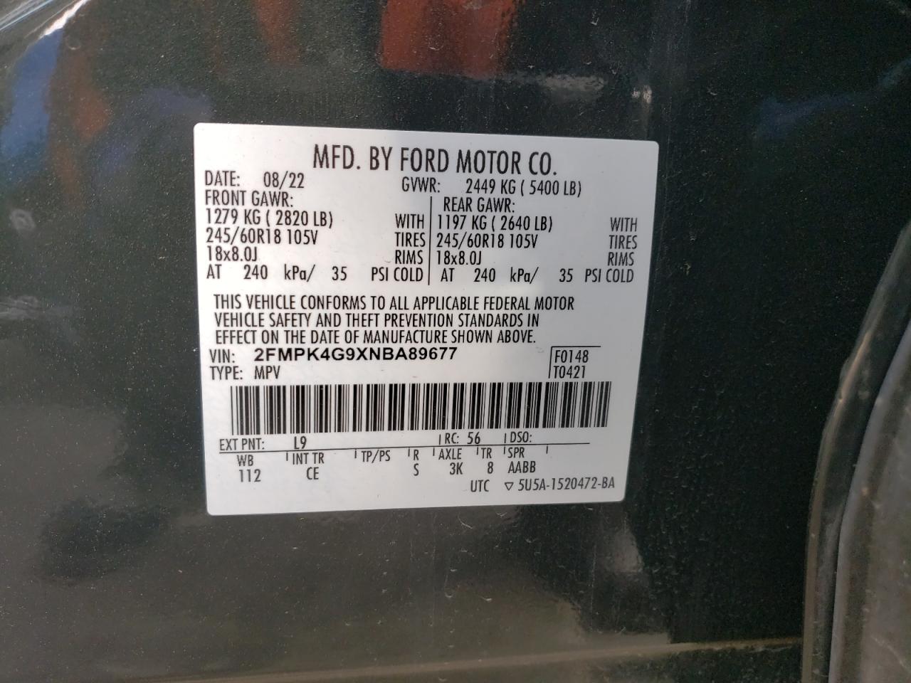 2022 FORD EDGE SE VIN:2FMPK4G9XNBA89677