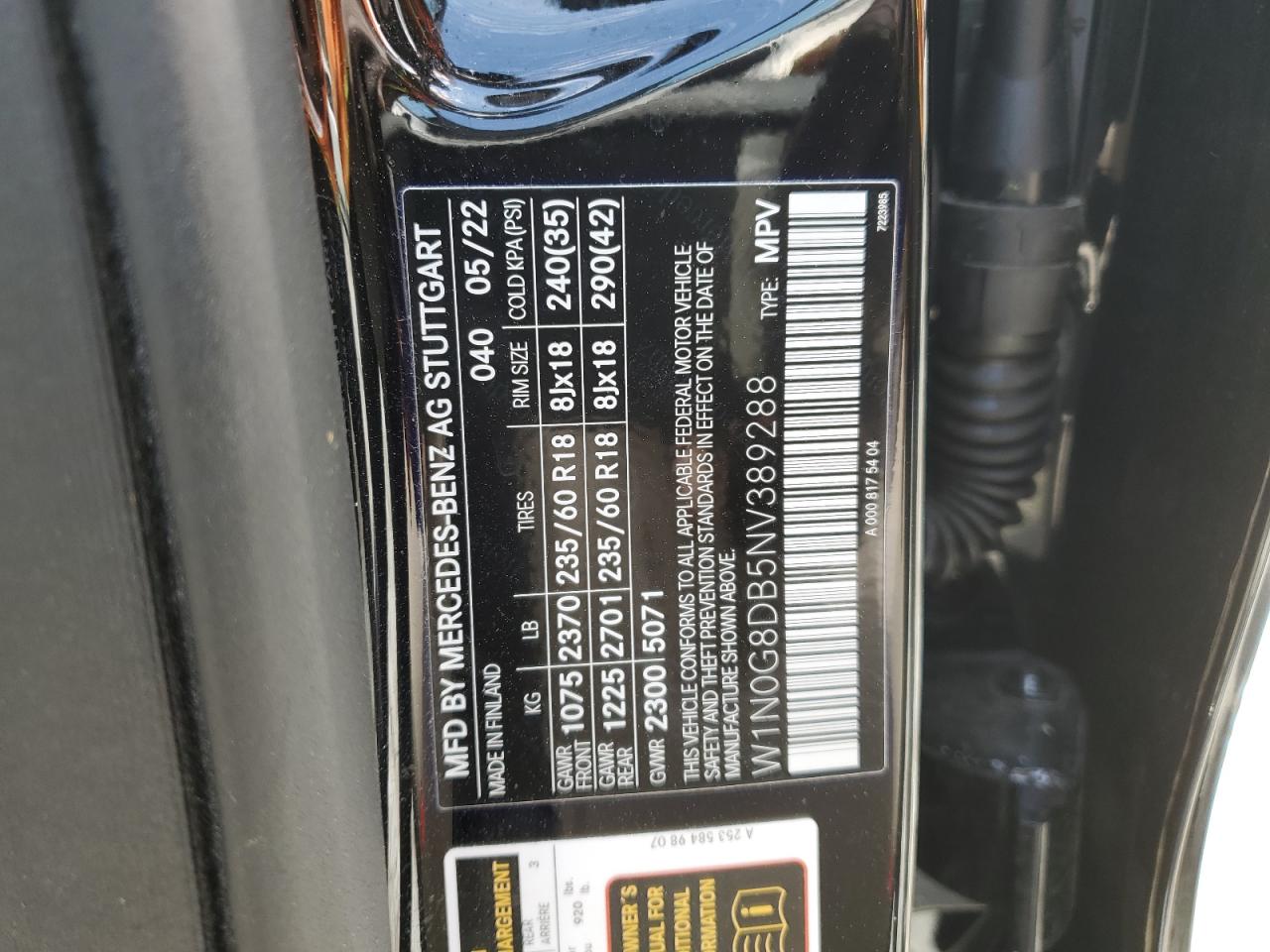 2022 MERCEDES-BENZ GLC 300 VIN:W1N0G8DB5NV389288