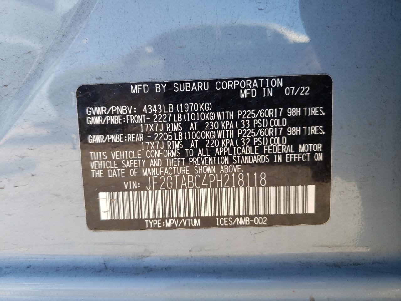 2023 SUBARU CROSSTREK VIN:JF2GTABC4PH218118