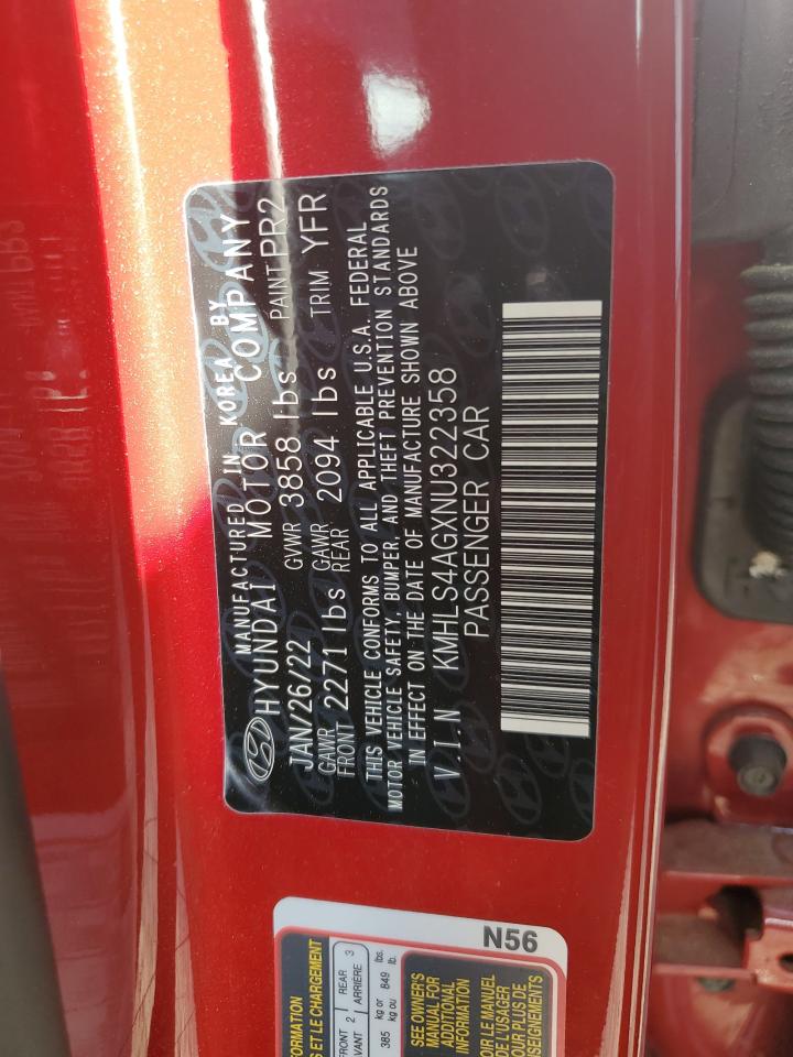 2022 HYUNDAI ELANTRA SEL VIN:KMHLS4AGXNU322358