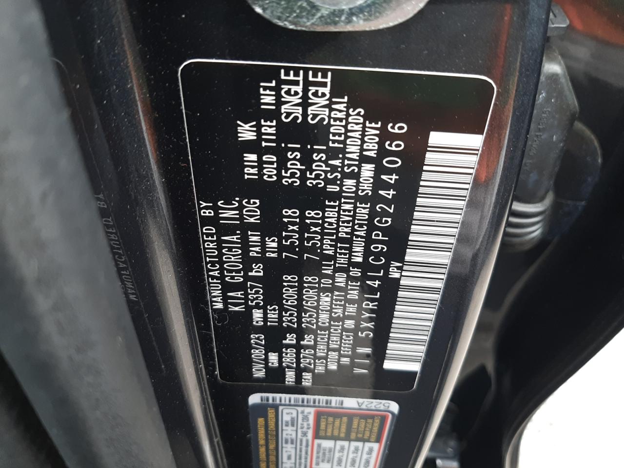 2023 KIA SORENTO S VIN:5XYRL4LC9PG244066