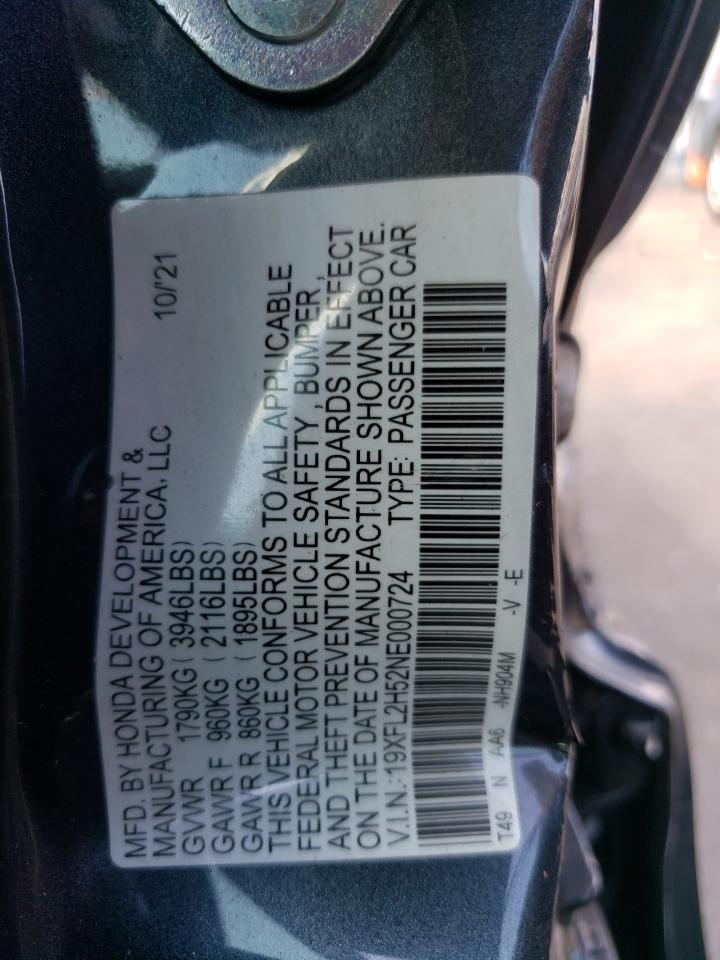 2022 HONDA CIVIC LX VIN:19XFL2H52NE000724