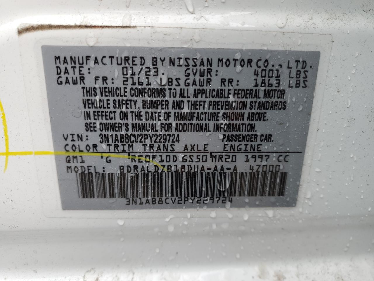 2023 NISSAN SENTRA SV VIN:3N1AB8CV2PY229724