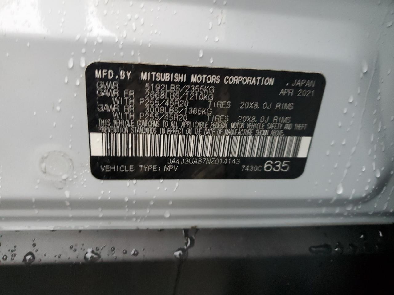 2022 MITSUBISHI OUTLANDER SE VIN:JA4J3UA87NZ014143