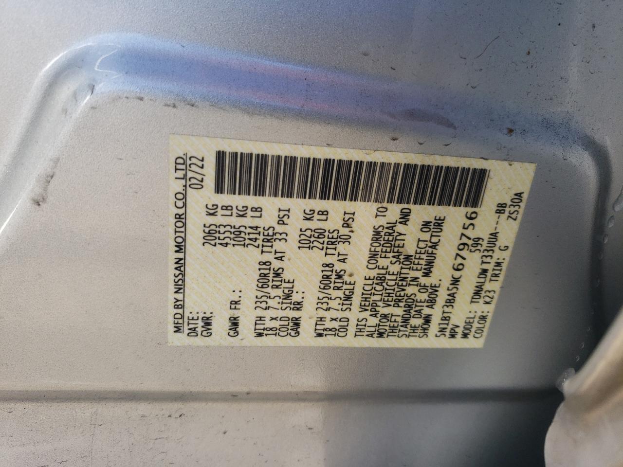 2022 NISSAN ROGUE SV VIN:5N1BT3BA5NC679756