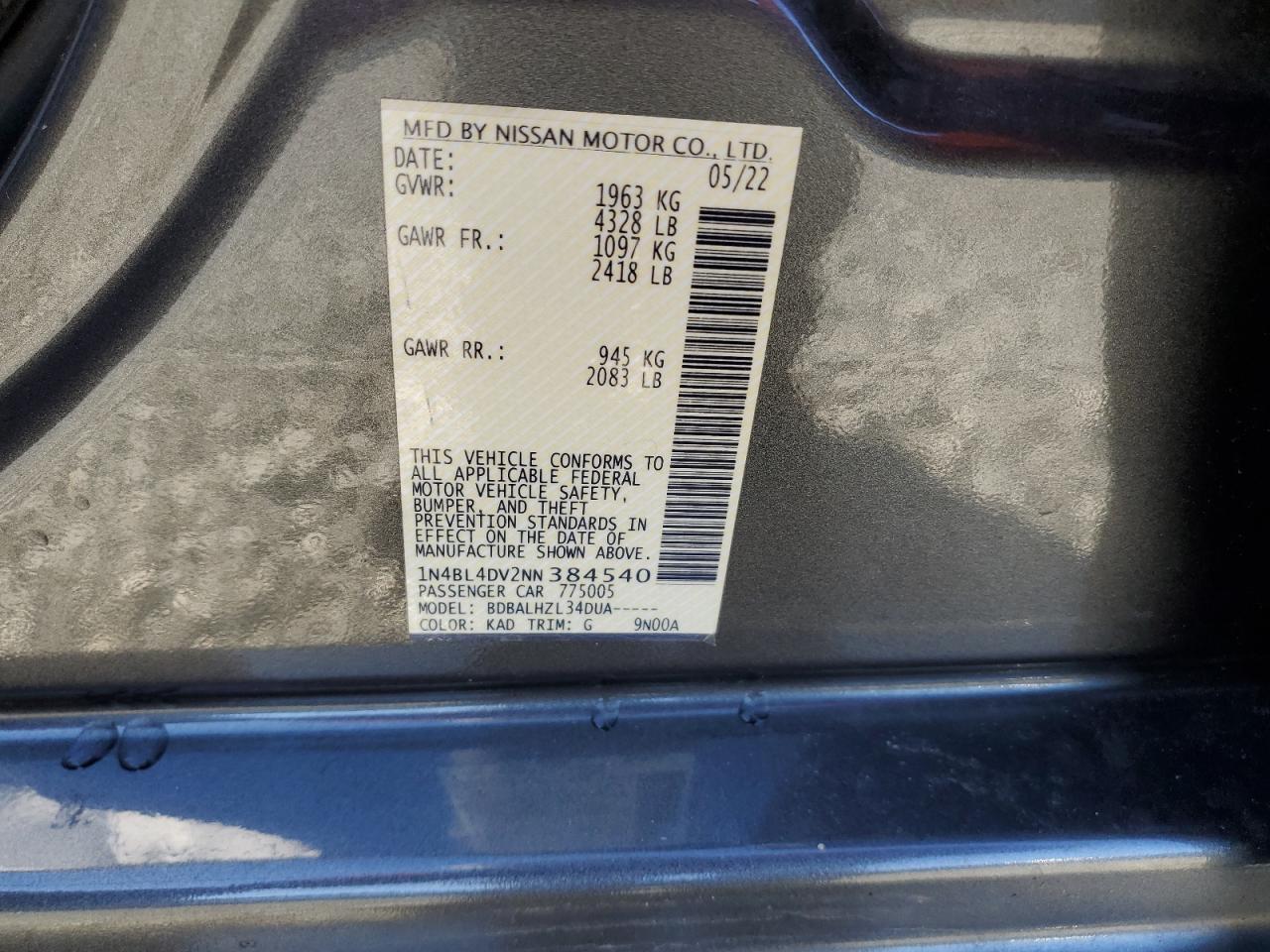 2022 NISSAN ALTIMA SV VIN:1N4BL4DV2NN384540