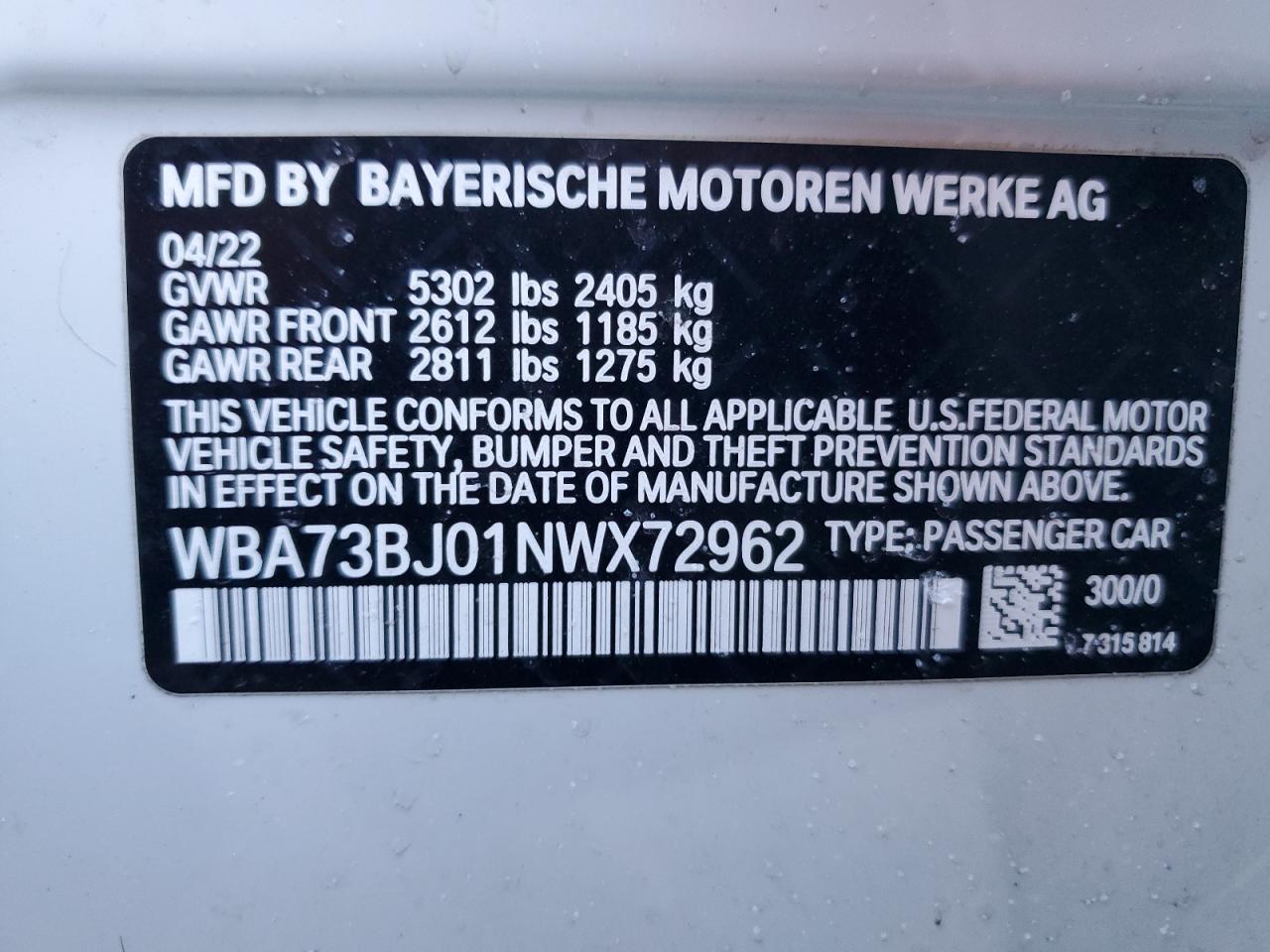 2022 BMW 540 XI VIN:WBA73BJ01NWX72962