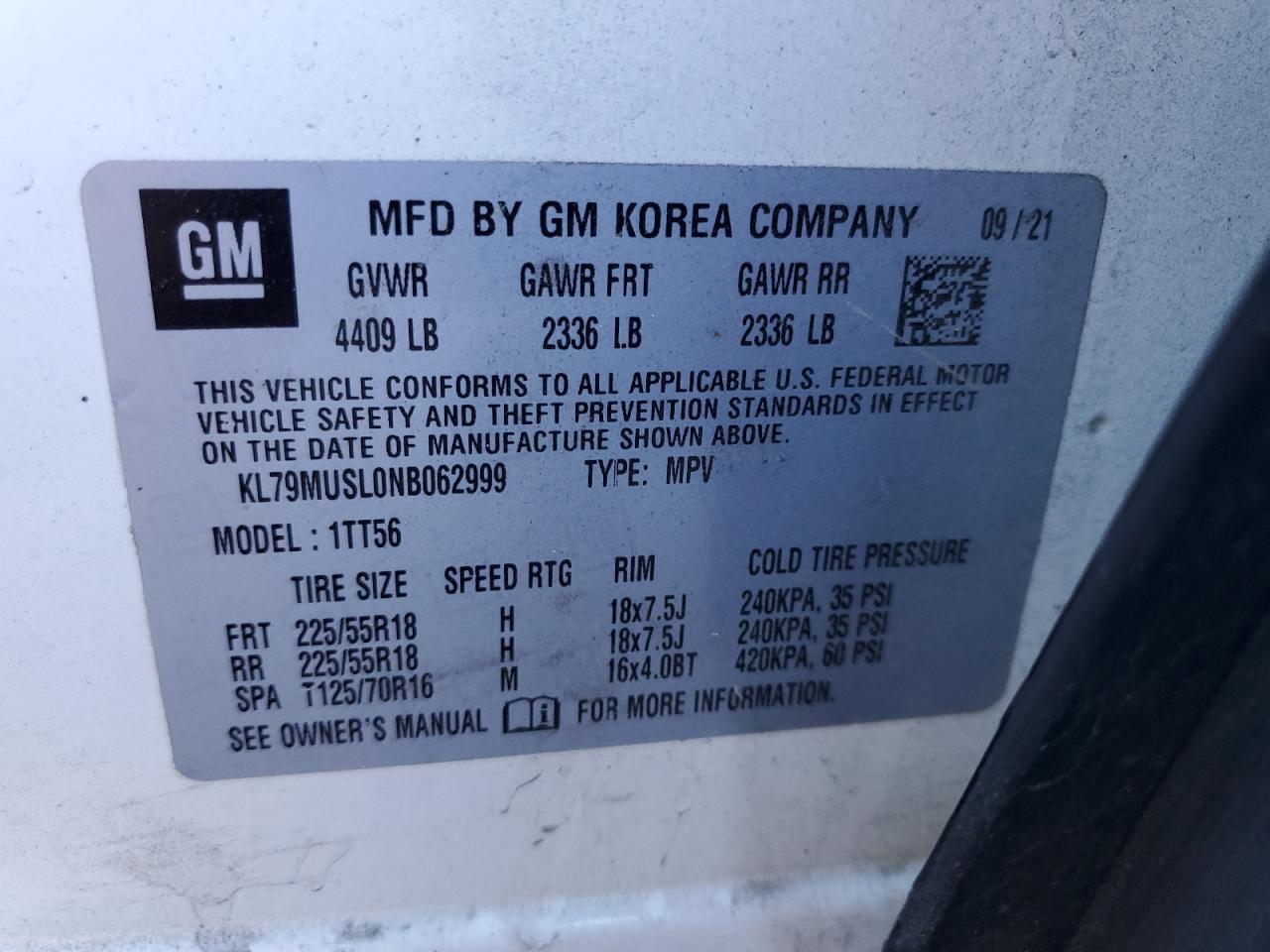 2022 CHEVROLET TRAILBLAZER RS VIN:KL79MUSL0NB062999