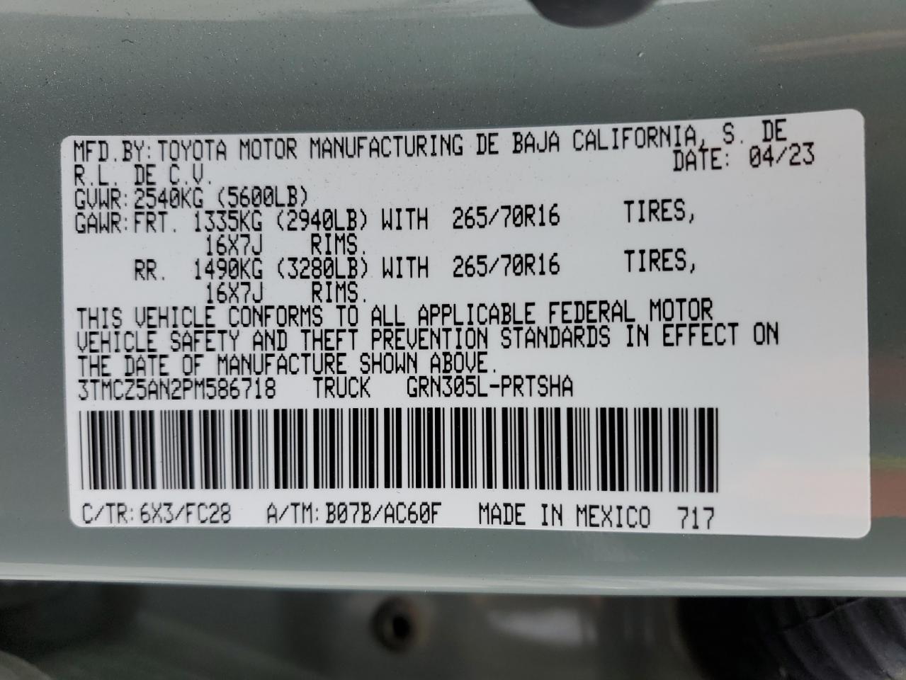 2023 TOYOTA TACOMA DOUBLE CAB VIN:3TMCZ5AN2PM586718
