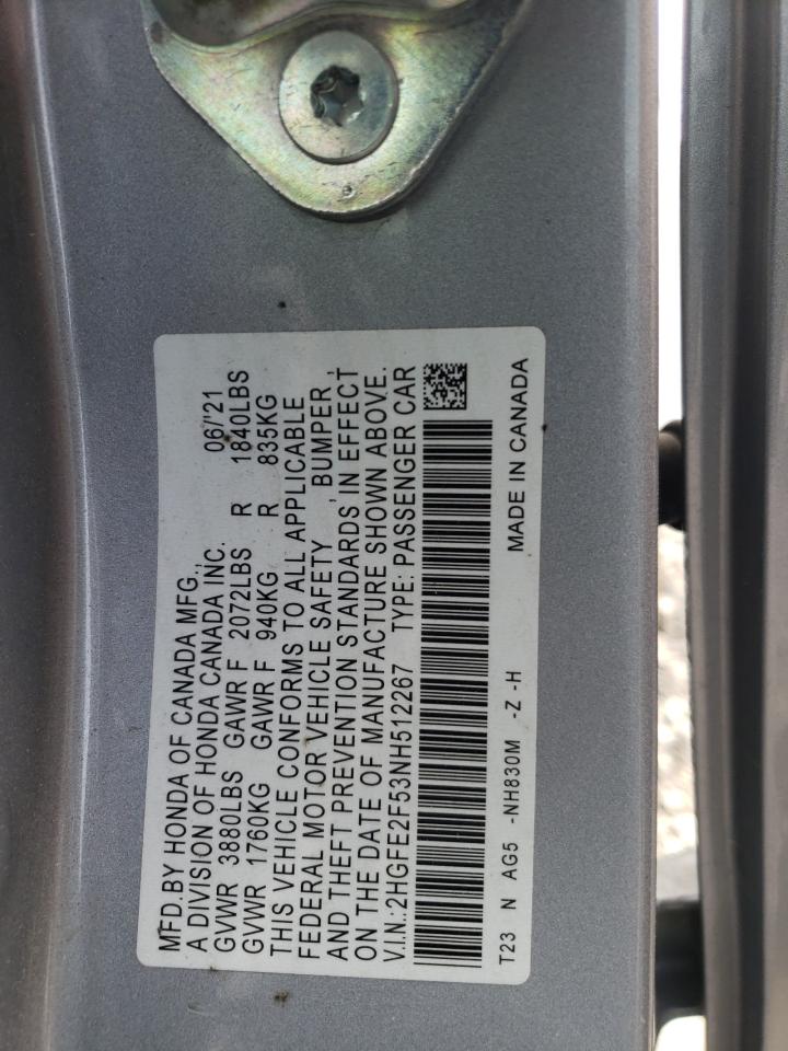 2022 HONDA CIVIC SPORT VIN:2HGFE2F53NH512267