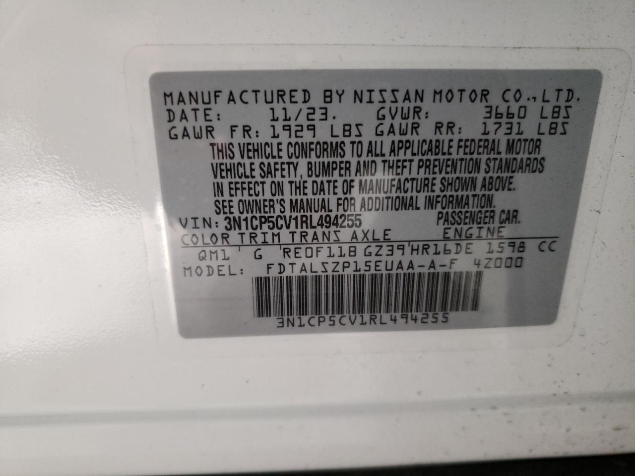 2024 NISSAN KICKS SV VIN:3N1CP5CV1RL494255