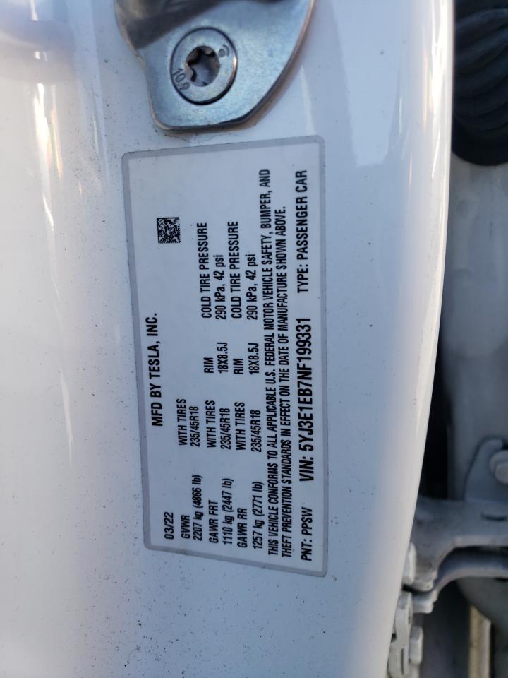 2022 TESLA MODEL 3 VIN:5YJ3E1EB7NF199331