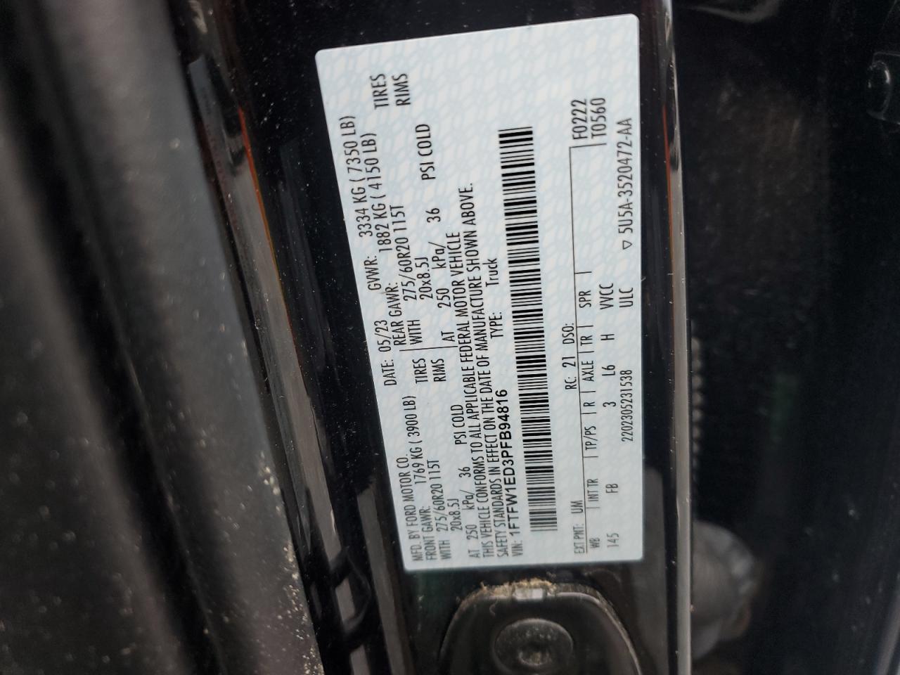 2023 FORD F150 SUPERCREW VIN:1FTFW1ED3PFB94816