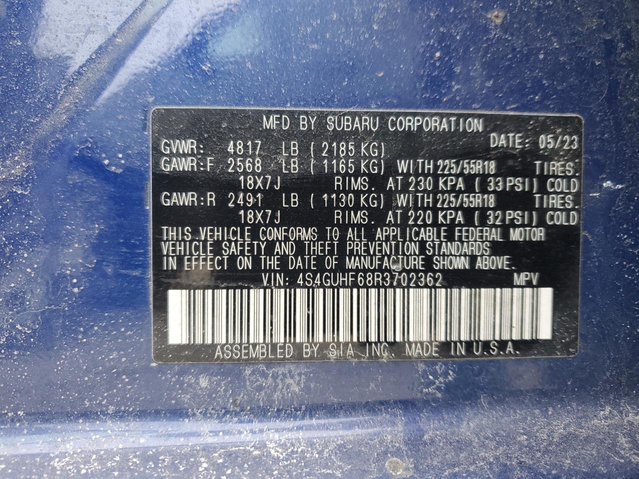 2024 SUBARU CROSSTREK SPORT VIN:4S4GUHF68R3702362