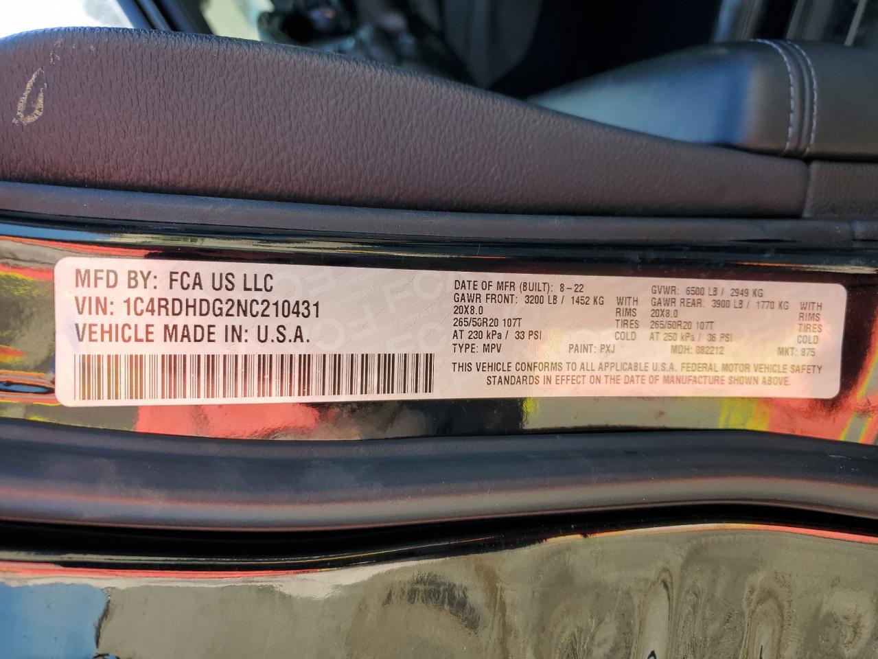 2022 DODGE DURANGO GT VIN:1C4RDHDG2NC210431