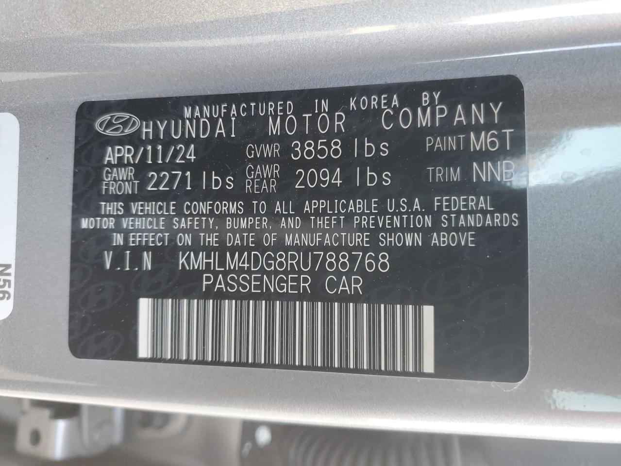 2024 HYUNDAI ELANTRA SEL VIN:KMHLM4DG8RU788768