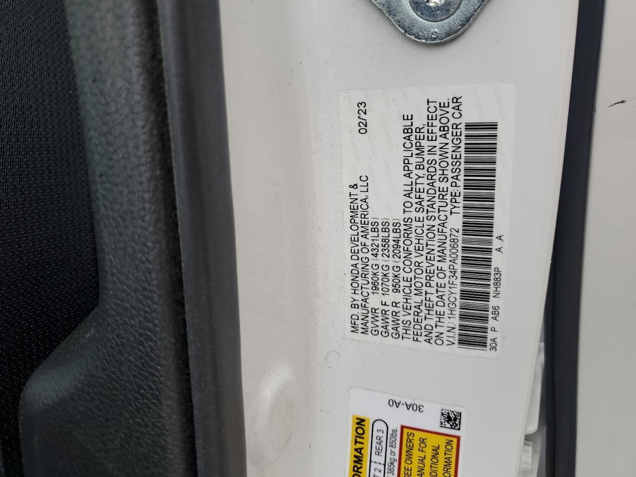2023 HONDA ACCORD EX VIN:1HGCY1F34PA006872