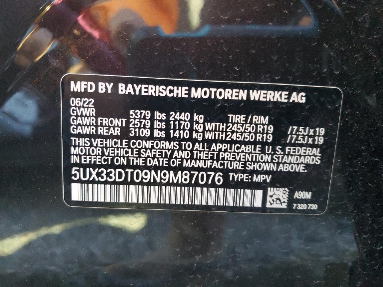 2022 BMW X4 XDRIVE30I VIN:5UX33DT09N9M87076