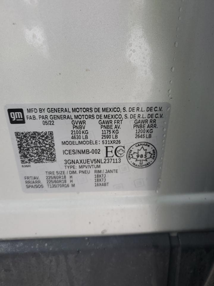 2022 CHEVROLET EQUINOX LT VIN:3GNAXUEV5NL237113