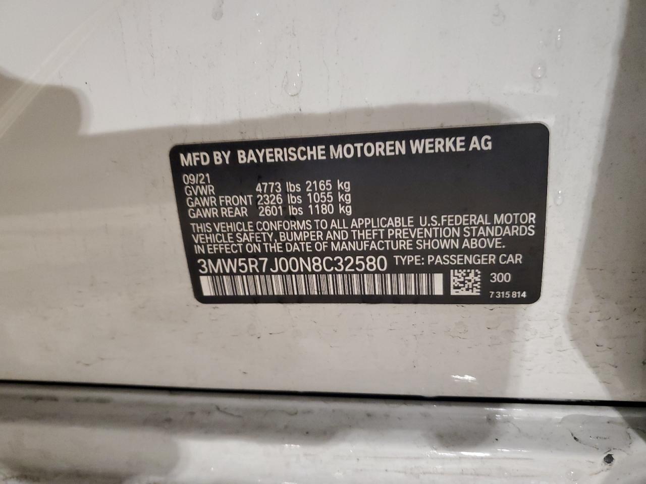 2022 BMW 330XI VIN:3MW5R7J00N8C32580